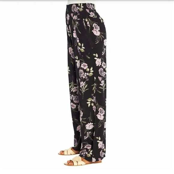 Three Dots Wide-Leg Pant Gorgeous Romantic Flora Purple Black & White Pattern - Picture 5 of 10